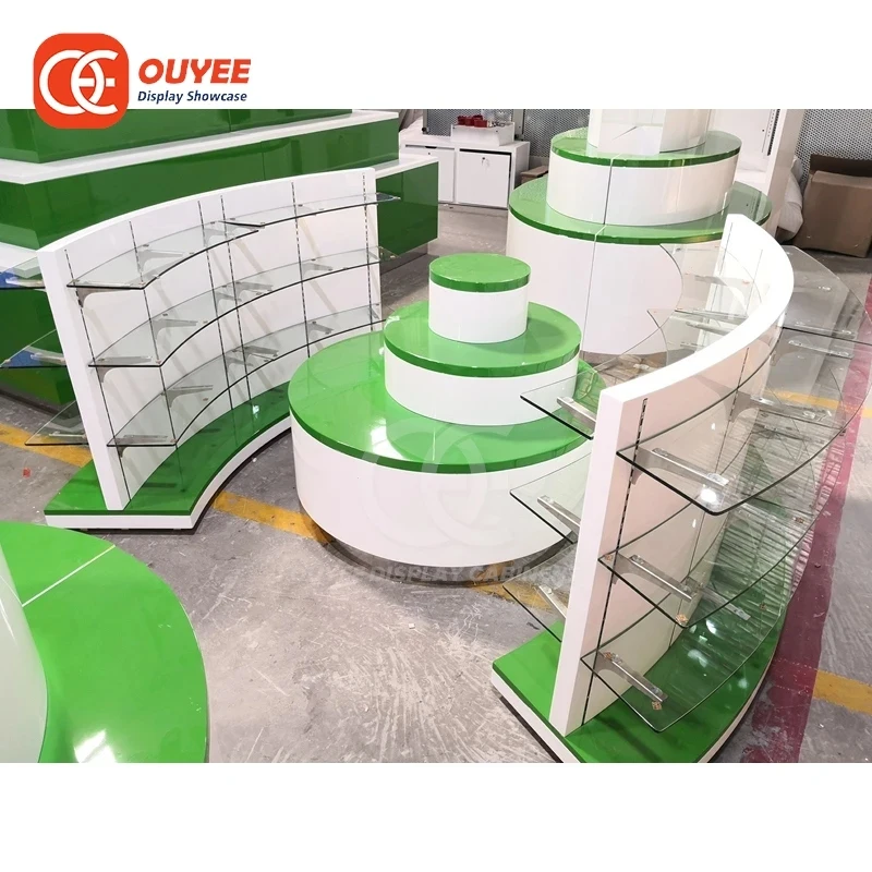 custom.High Quality Modern Pharmacy One Stop Service Medical Retail Space Sliding Door Display Tower