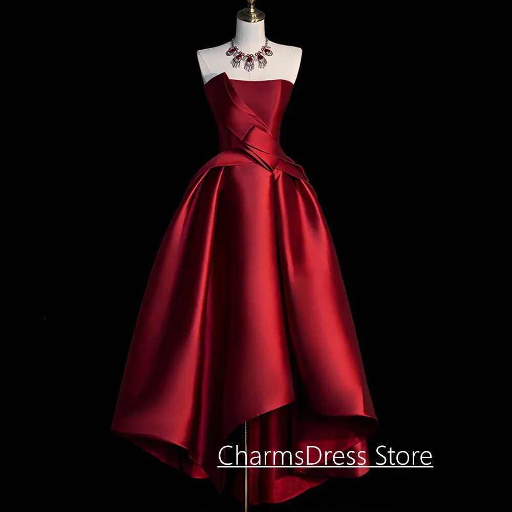 Modern Short Evening Dress Customized Strapless Sleeveless Bow Draped Hi-lo Satin Cocktail Party Gown Corset Back