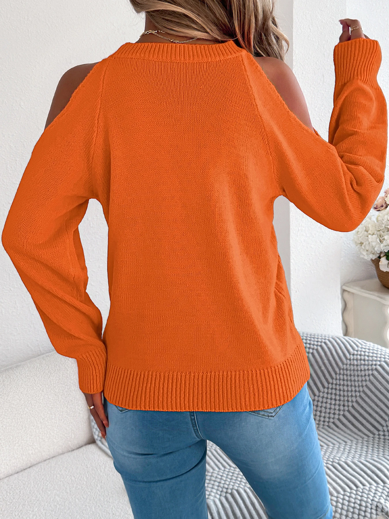 Elegant Off Shoulder Twist Knitted Sweater Women Autumn Winter 2026 Casual Solid Color Lantern Long Sleeve Top Orange Black Rose