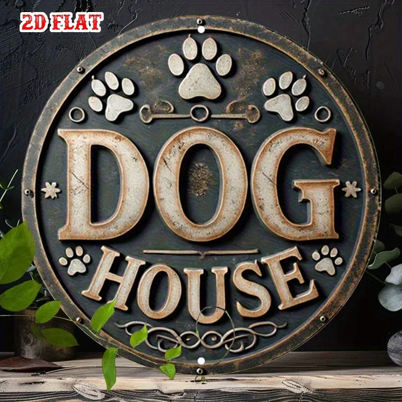 2D Flat 1pc Dog House Round Sign, Pet Lover Round Wall Decor Paw Prints Rustic Metal Wall Art, for Home Sign Metal Wall Art Deco