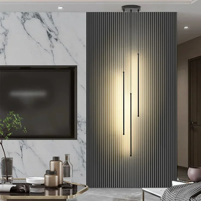 

Modern LED Chandelier Black Island Pendant Light Straight Hanging Dining Room Bedroom Background Lamp