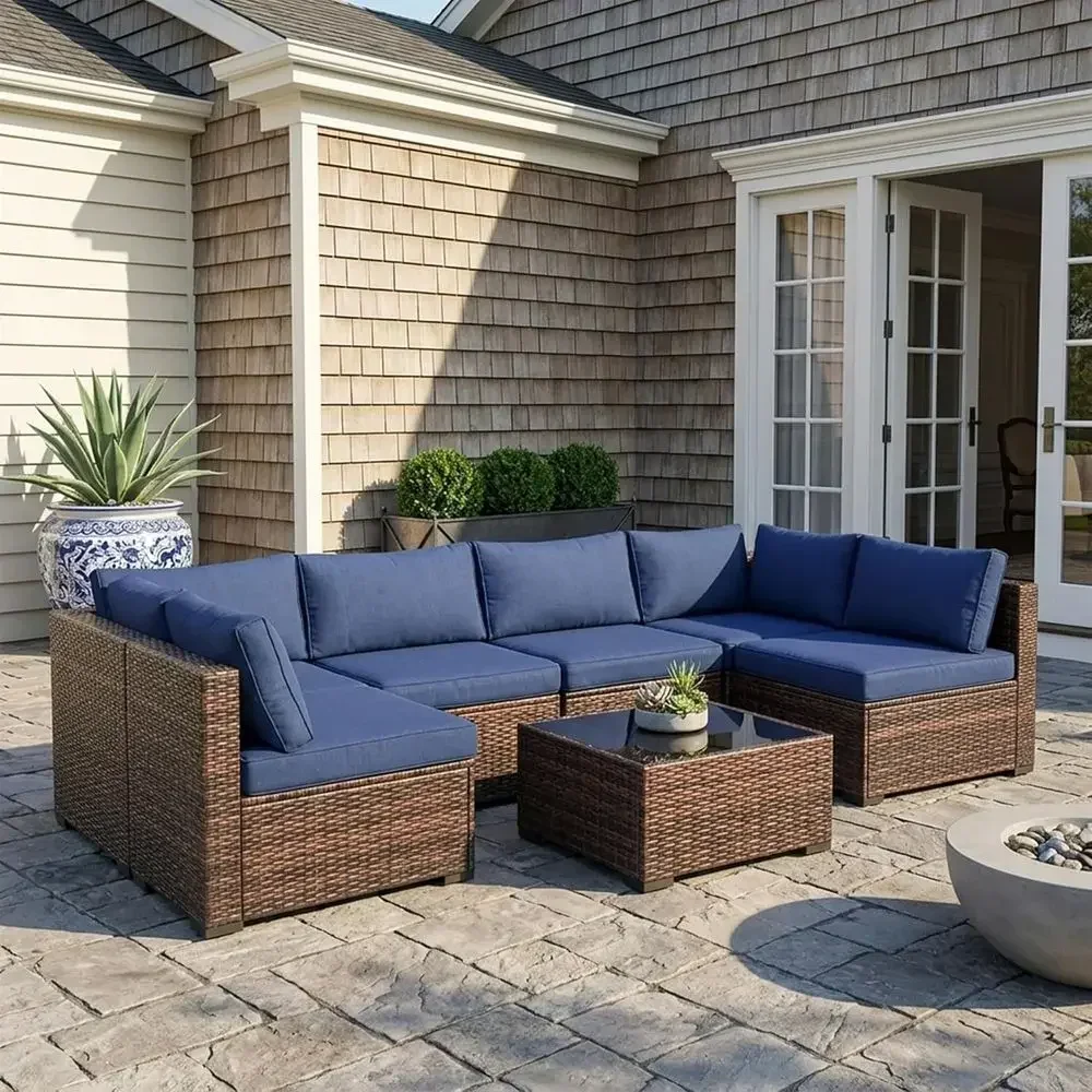 7-Piece Outdoor Sectional Sofa Set with All-Weather PE Rattan, Tempered Glass Table, Thick Cushions & Cover, Blue