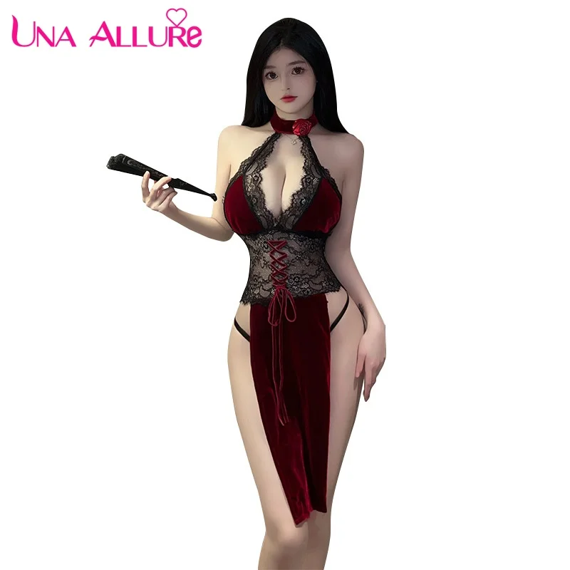 

Sexy Lingerie Rose Cheongsam Style High Slit Night Dress Lace Suspenders Erotic Langerie Feminine Hollow Out Sexy Adult Female