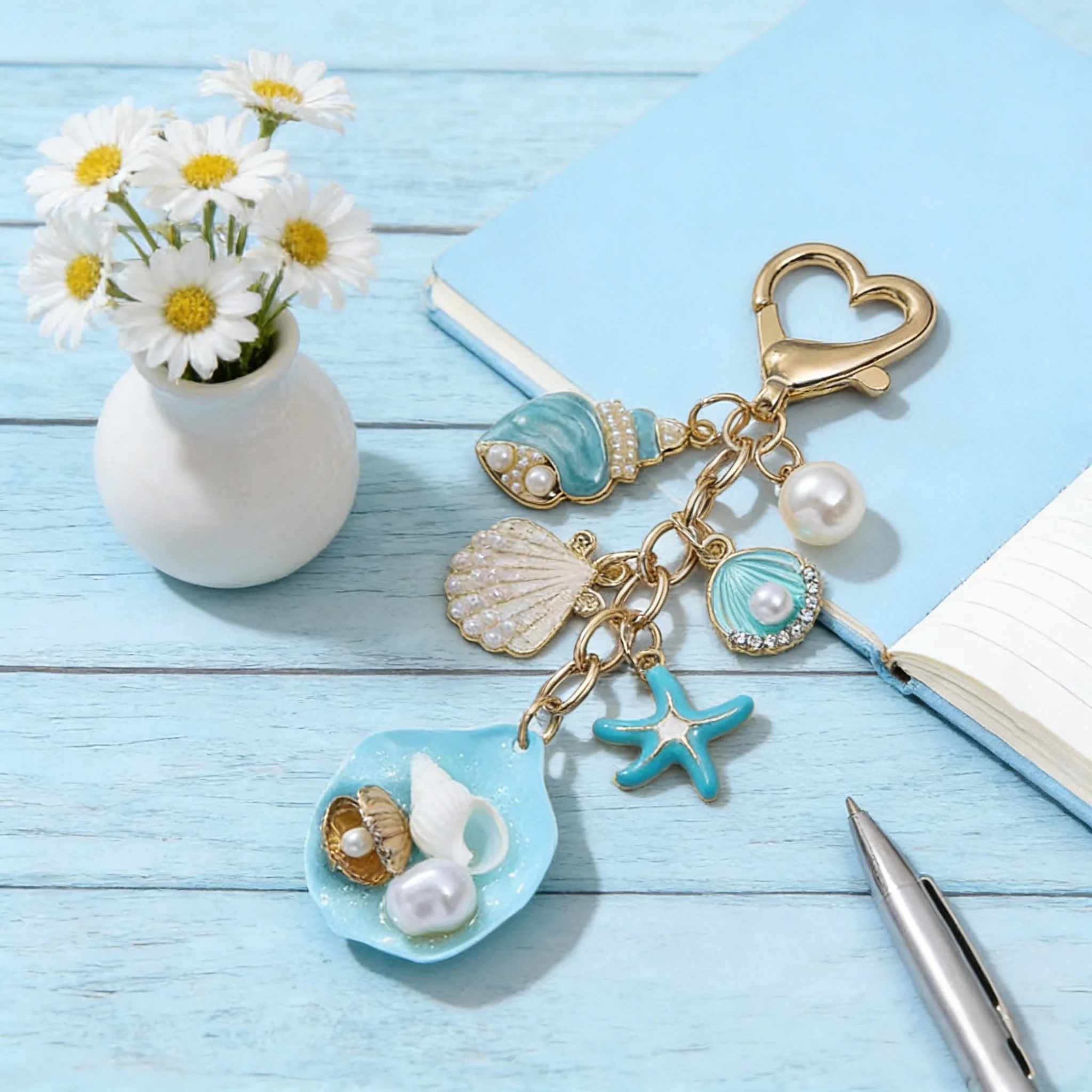 1pc Hübsche Blaue Shell Perle Seestern Muschel Emaille Schlüsselbund Ozean Meer Leben Sommer Schlüssel Ring Für Frauen Mädchen Handgemachte Gutes geschenk