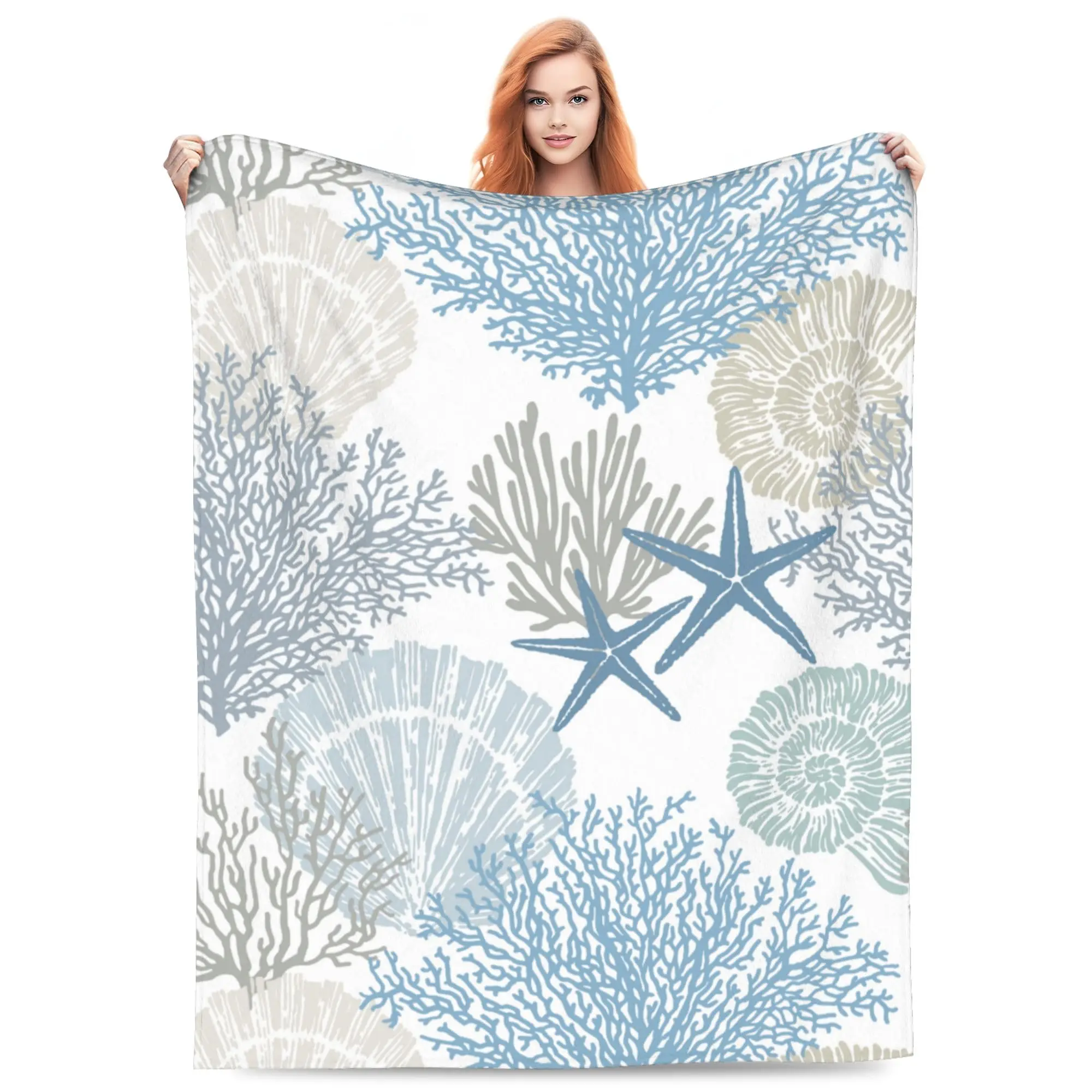 Nautical Coastal Blanket Ocean Starfish Seashell Coral Beach Throw Blanket Gift for Adult Teen Soft Fleece Blanket for Sofa Bed