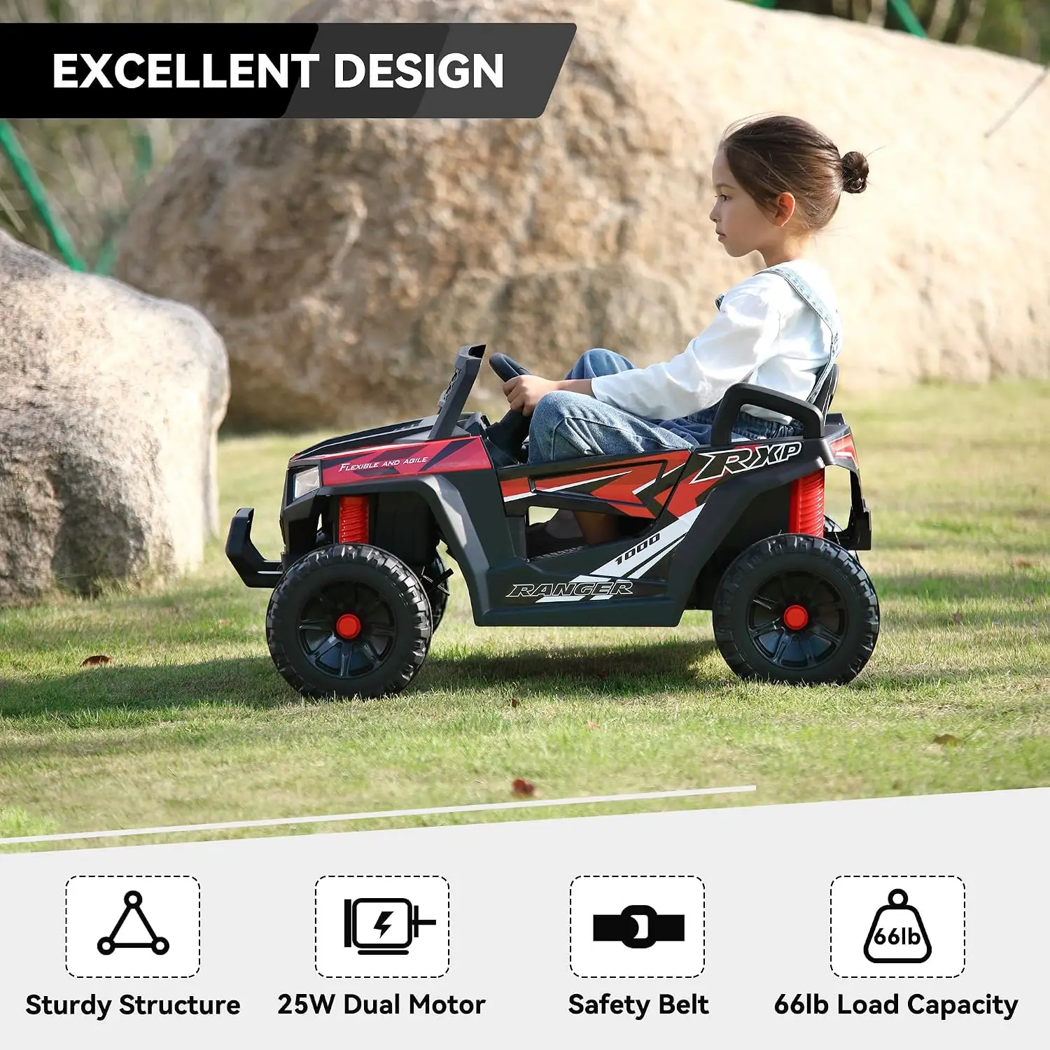 Kids Battery Powered 4Wheels Car Electric Toy Toddler 36 Red 25W Dual Motors Safety Belt Ride On OffRoad Utv Outdoor Adventure V