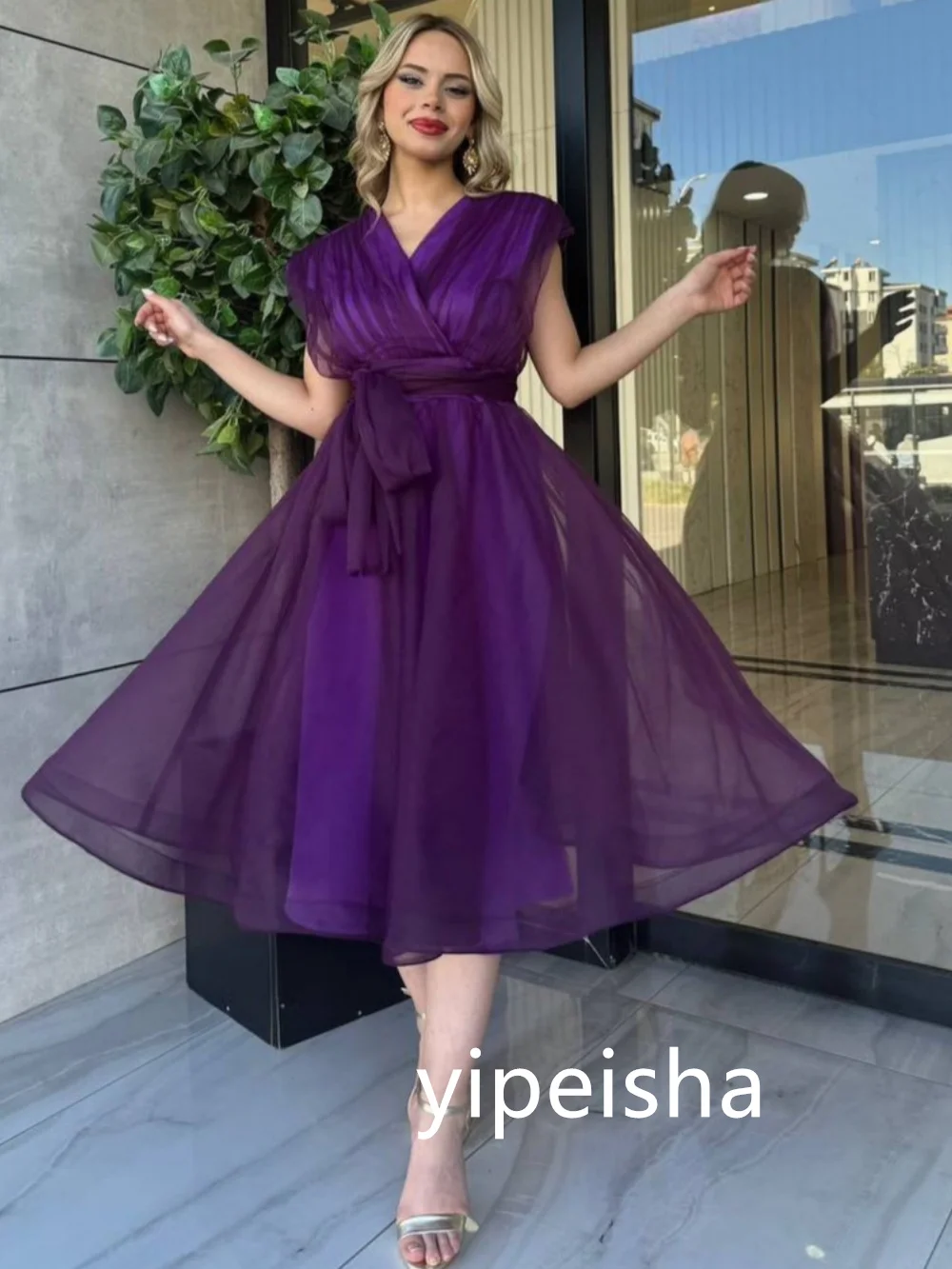 Customized Pastrol Organza Pleat A-line V-neck Midi Dresses Prom Dresses Unisex Chinese Style Formal Casual Simple Retro Fashion