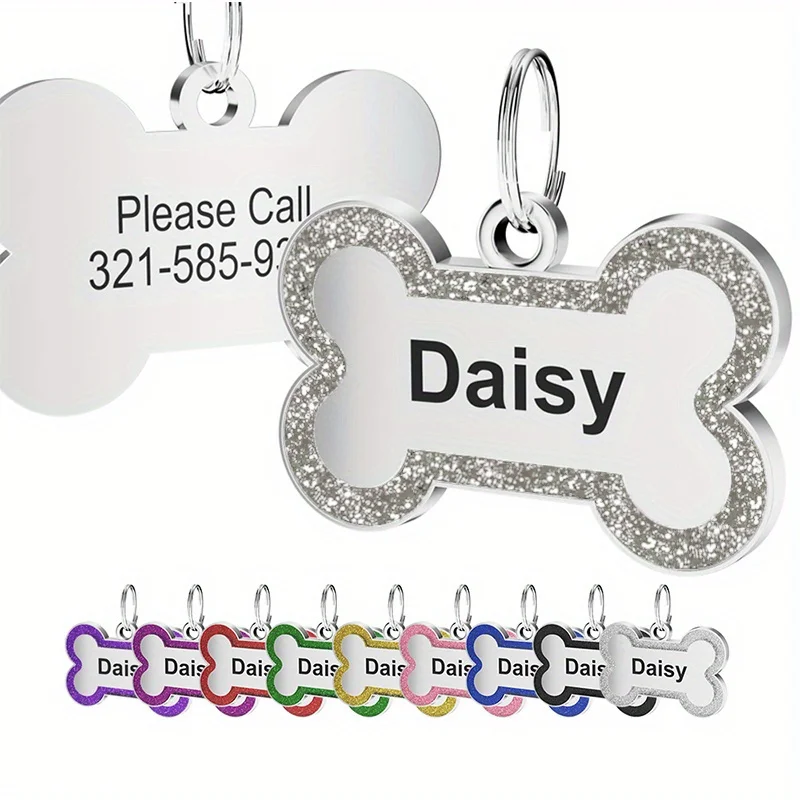 1 Stück Bella Personalisierte Hundemarke - Maßgefertigter Edelstahl-ID-Namensanhänger mit Glitzer-Knochen-Design, Ideales Haustiergeschenk für Hunde – Detail 5