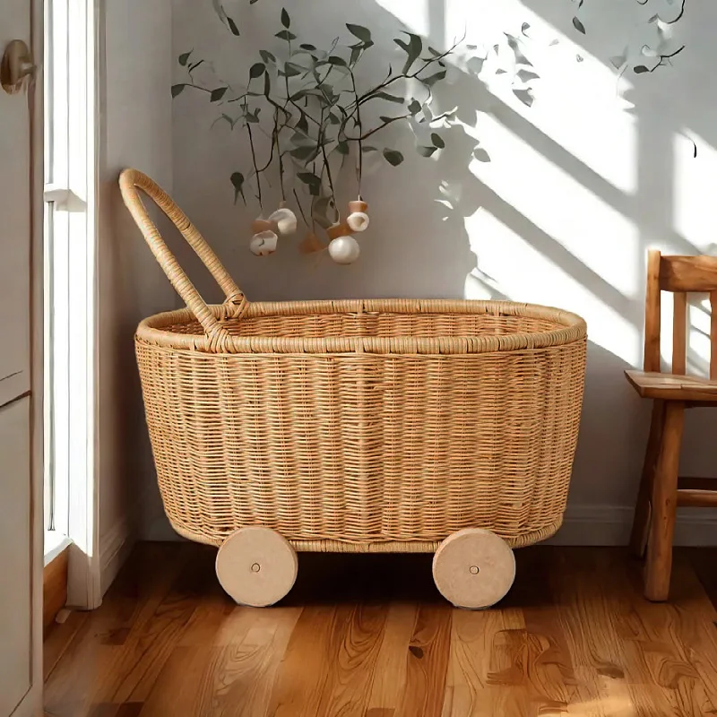 Nordic Woven Rattan Toy Basket with Wheels Large Capacity Sundries Organizer Mobile Kids Toy Storage Cart Nursery Room Decor