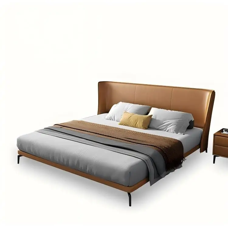 

jl-Orange Modern Italian Minimalist Genuine Leather Bed Designer Luxury Double Bed for Master Bedroom%