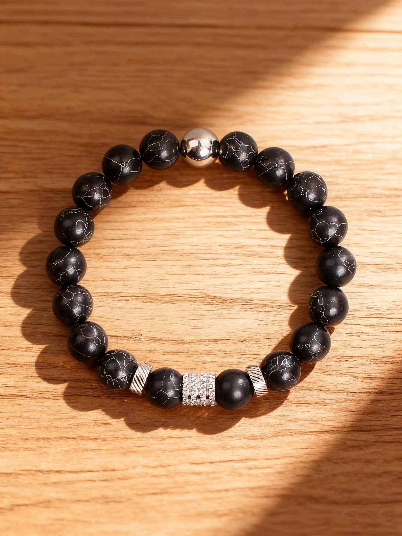 

Natural Stone Beaded Bracelet 10mm Black Turquoise Beads Stainless Steel Spacer Beads & Cylinder Beads for Good Luck Jewelry New