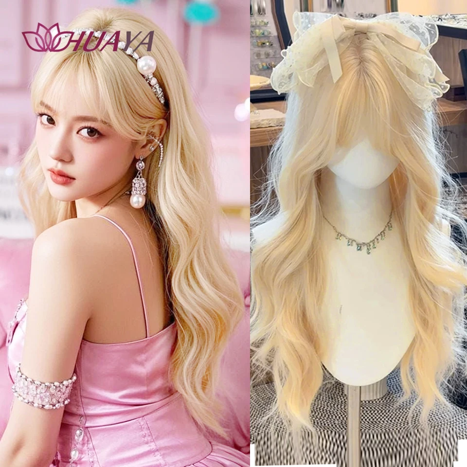 

Blonde Wig Long Wavy Synthetic Wig with Bangs Curly Mixed Golden for Women Cosplay Party Daily Use Heat Resistant