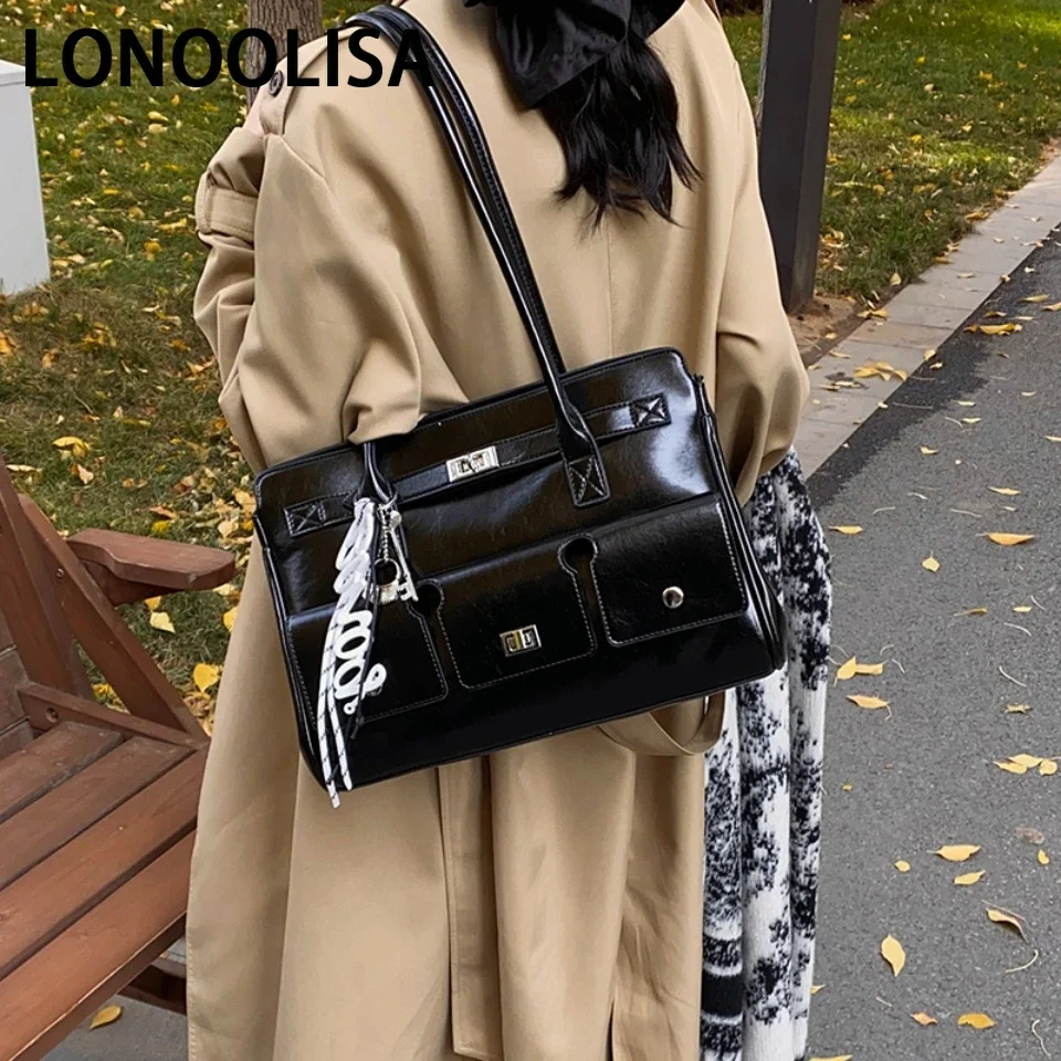 

New PU Leather Motorcycle Bag Women's Tote Bag Shoulder Handbag Silver Lock Design Women's Large Capacity Fashion Elegant Bag