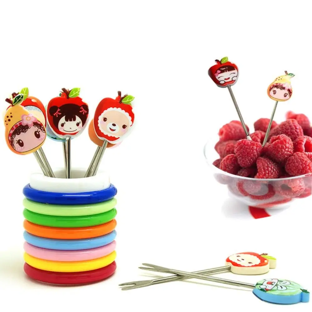 8pcs/Set Fruit Fork With Storage Holder Stainless Steel Two-toothed Small Dessert Cake Fork Household Kitchen Accessories