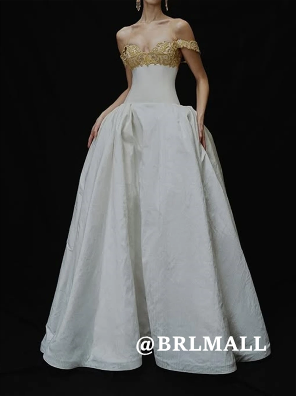 

BRLMALL Crepe Gold Lace Wedding Party Dress for Women A Line Long Prom Dresses Vintage Formal Dresses Customized Party Gown