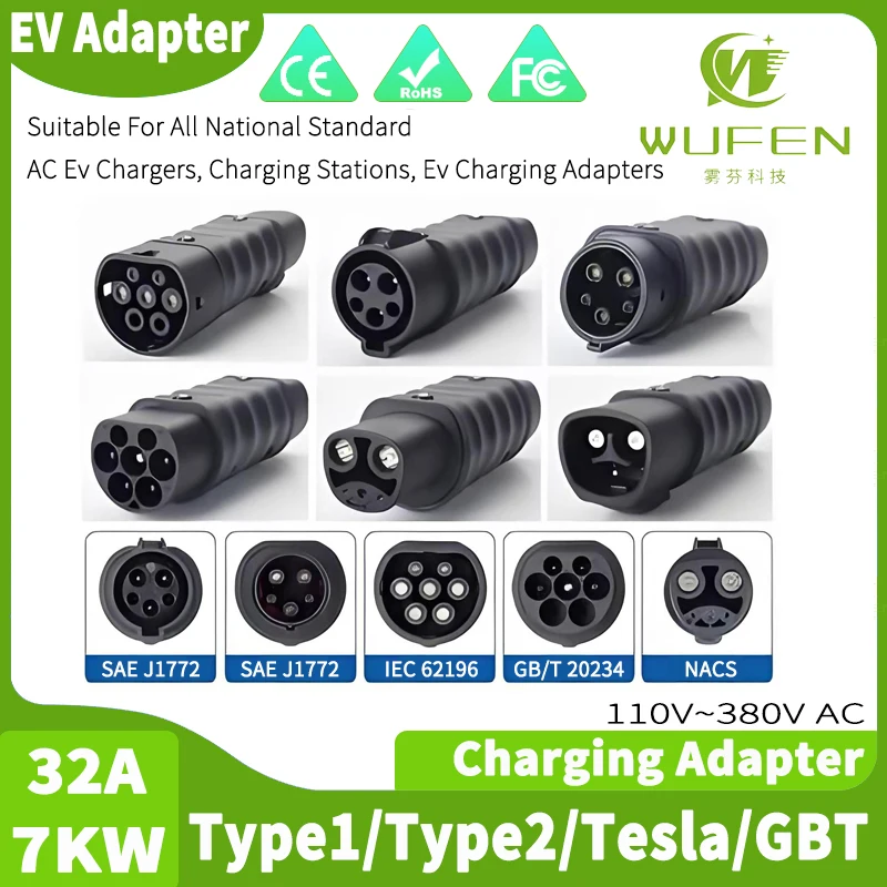 WUFEN EV Charger Adapter Tesla Model Y S X 3 J1772 to GBT Adapter 32A 7kW Type 2 to Type 1 Charging Converter for All Countries
