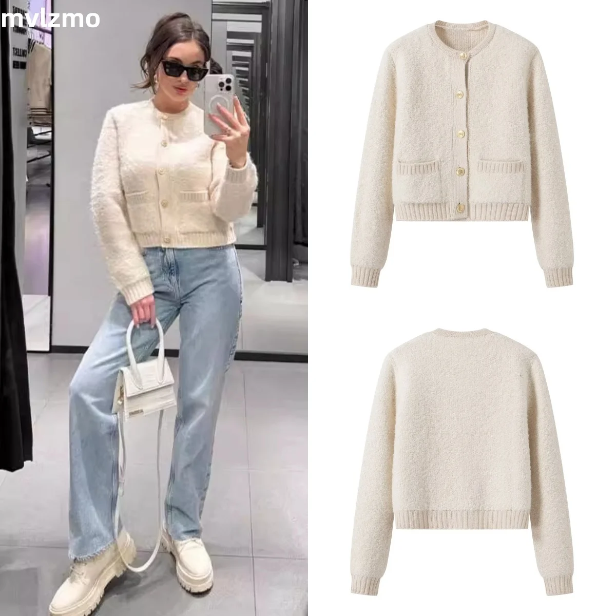 2024 Spring New Elegant Mujer O Neck Long Sleeve Cardiagn Metal Buttons Knitted Sweater Female Casual Crop Top