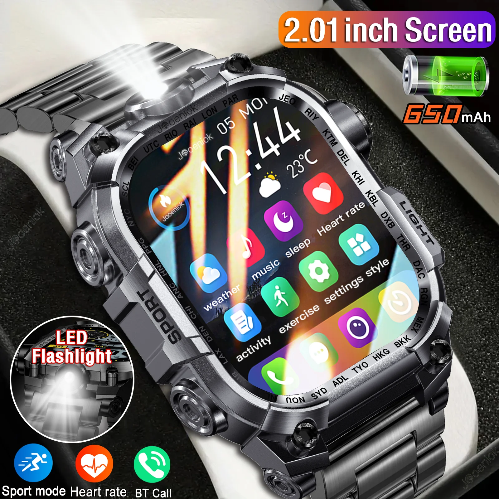 

For Huawei Military Smart Watch 2.01" HD Screen 650mAh Outdoor LED Flashlight Heart Rate BT Call Waterproof Smartwatch For Men
