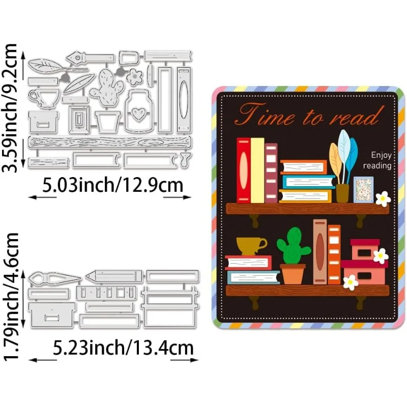 2PCS Stacked Book Bookshelf Desk Cutting Dies Office Potted Plant Carbon Steel Embossing Stencils Template for Decorative