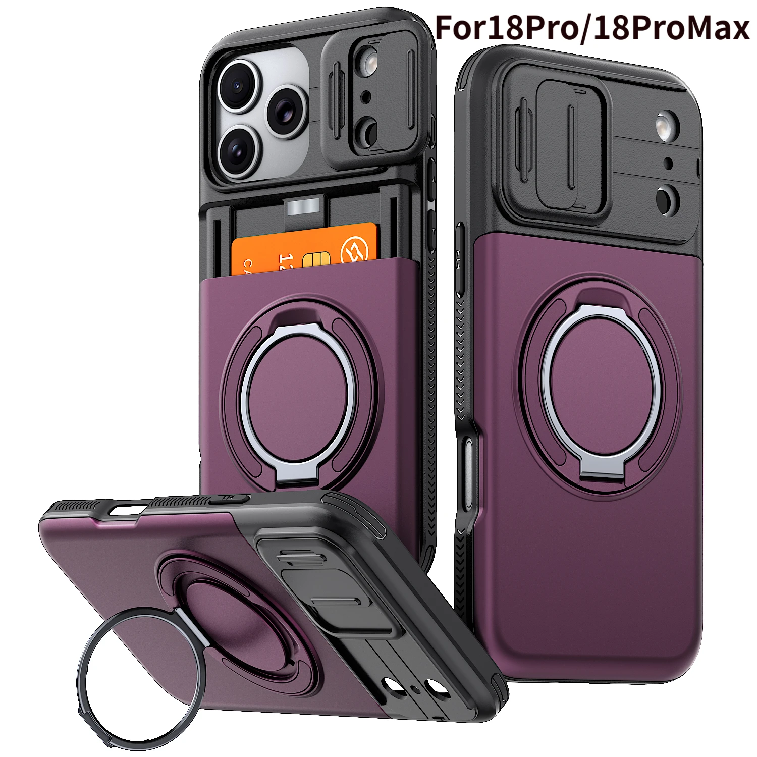 Slide Camera Hybrid Wallet for iPhone 18Pro/18ProMax Shockproof Magnetic Wireless Charging Holder Shock Absorption Credit Card