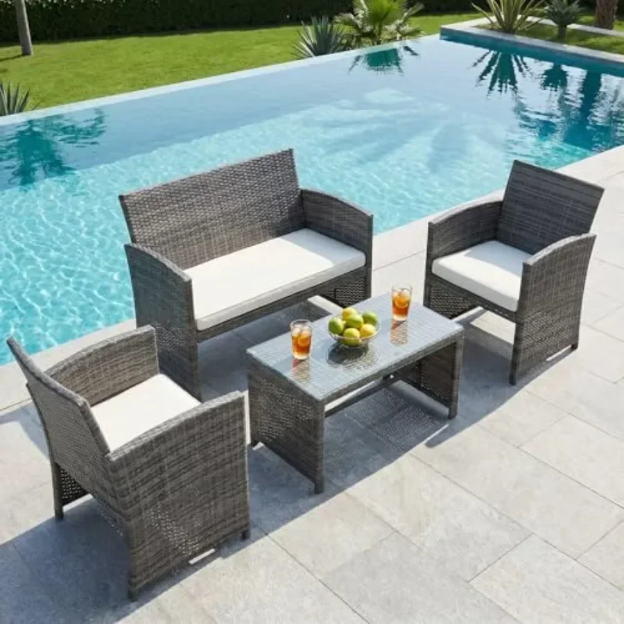 Patio Furniture Set 4 Pcs Outdoor Furniture Set, PE Rattan Wicker Patio Conversation Set with Cushions and Glass Coffee Table,