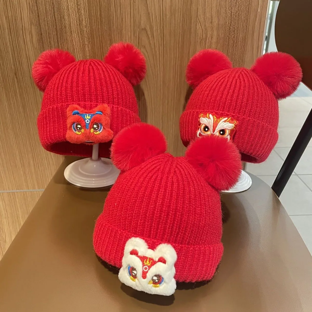 New Year Red Beanie For Baby Warm Pullover Cap Cute Double Plush Ball Knitted Hat Winter Children Woolen Crochet Bonnet 1-3Year