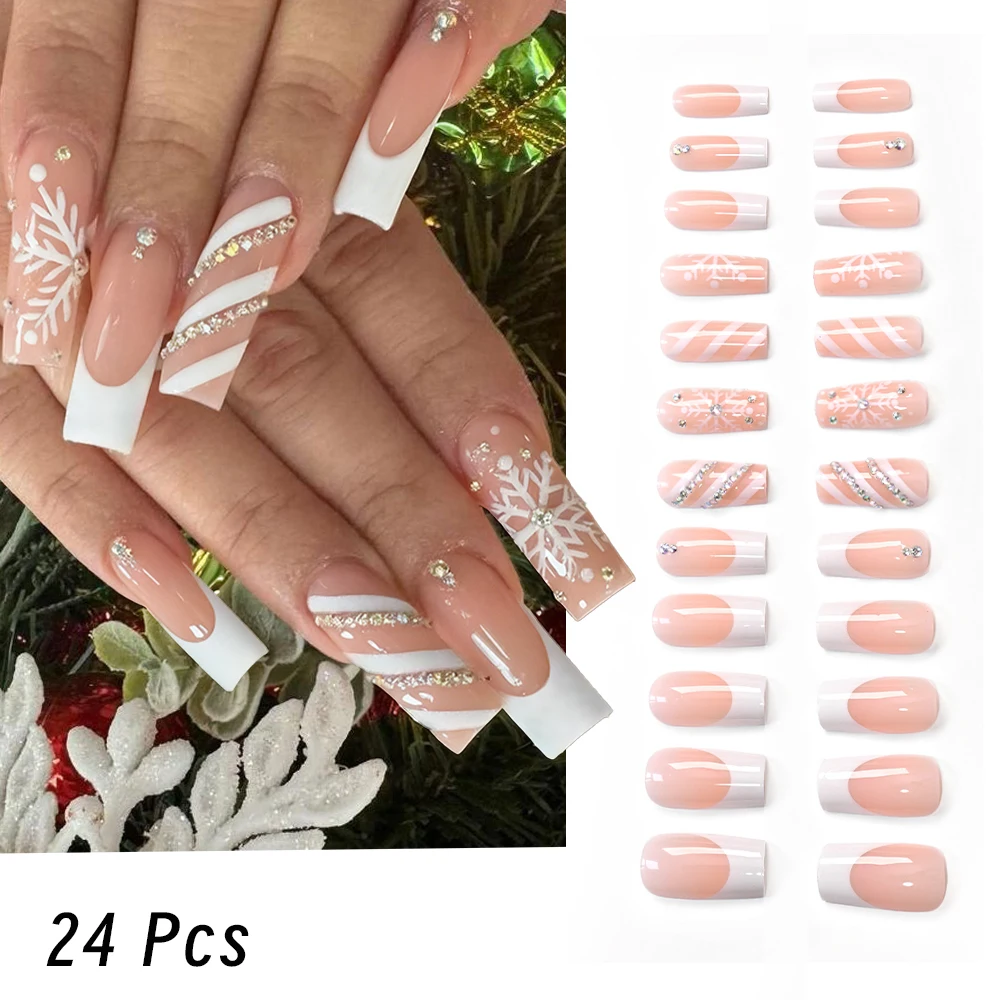 24 stuks lange ballet opdruknagels met vonkende strass steentjes winter witte sneeuwvlok ontwerp nepnagels Franse strepen kunstnagels *