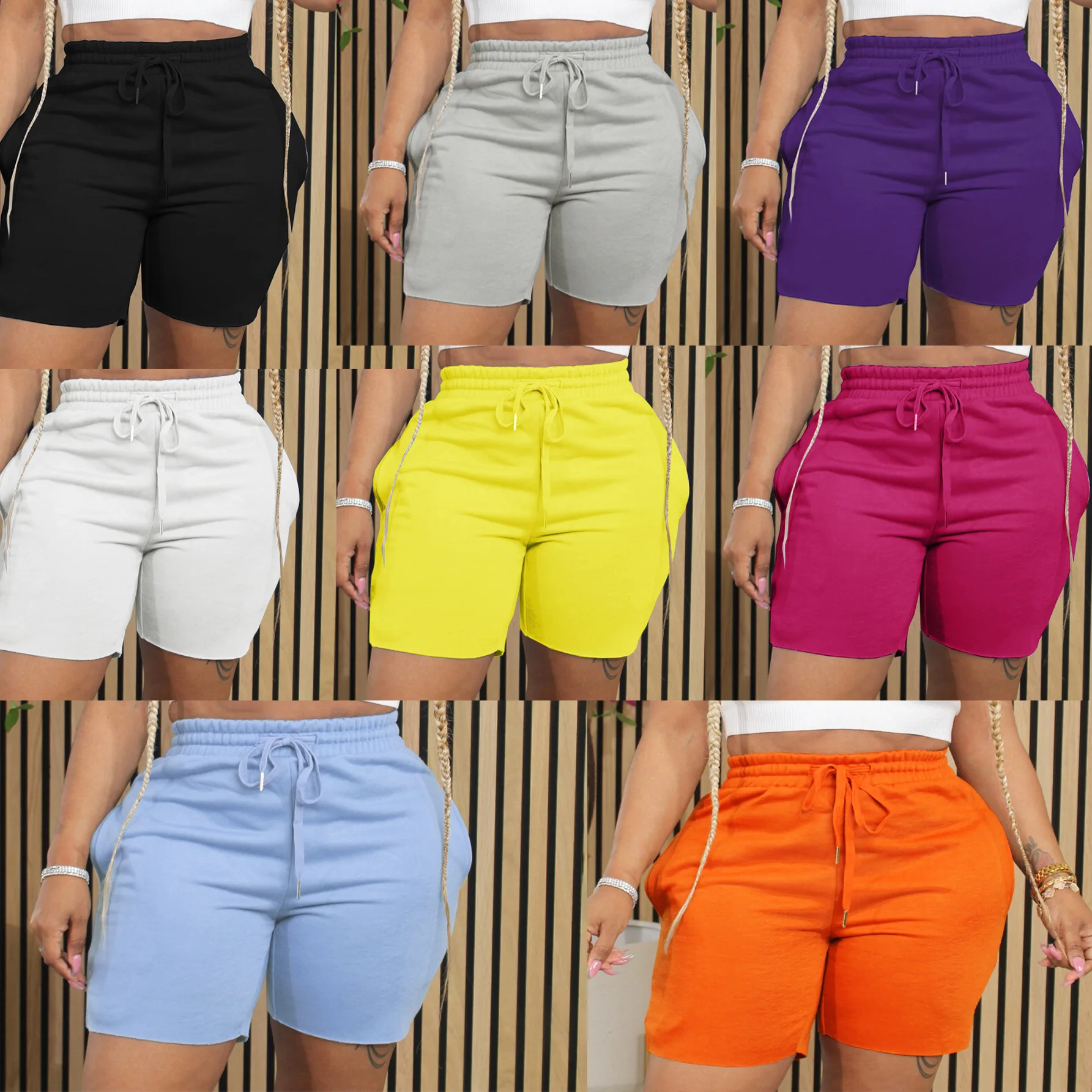 Tw405 Cross-Border European and American New Drawstring Shorts Pure Color Fashion Casual Pants Women\'s Summer Amazon Independent Station