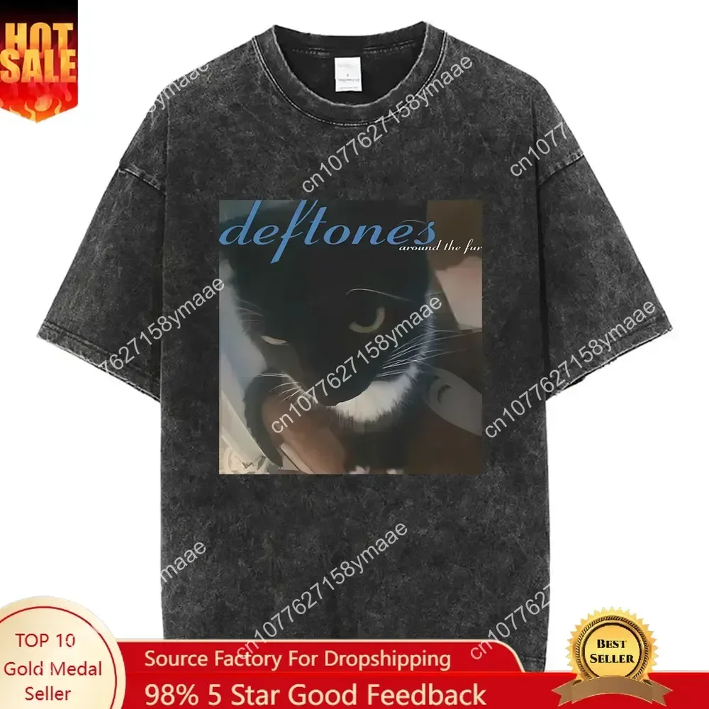 Washed Vintage Rock Band Deftones Cat Funny Meme T-shirts Men Women Alternative Heavy Metal T-shirt Men Women's Casual Oversized