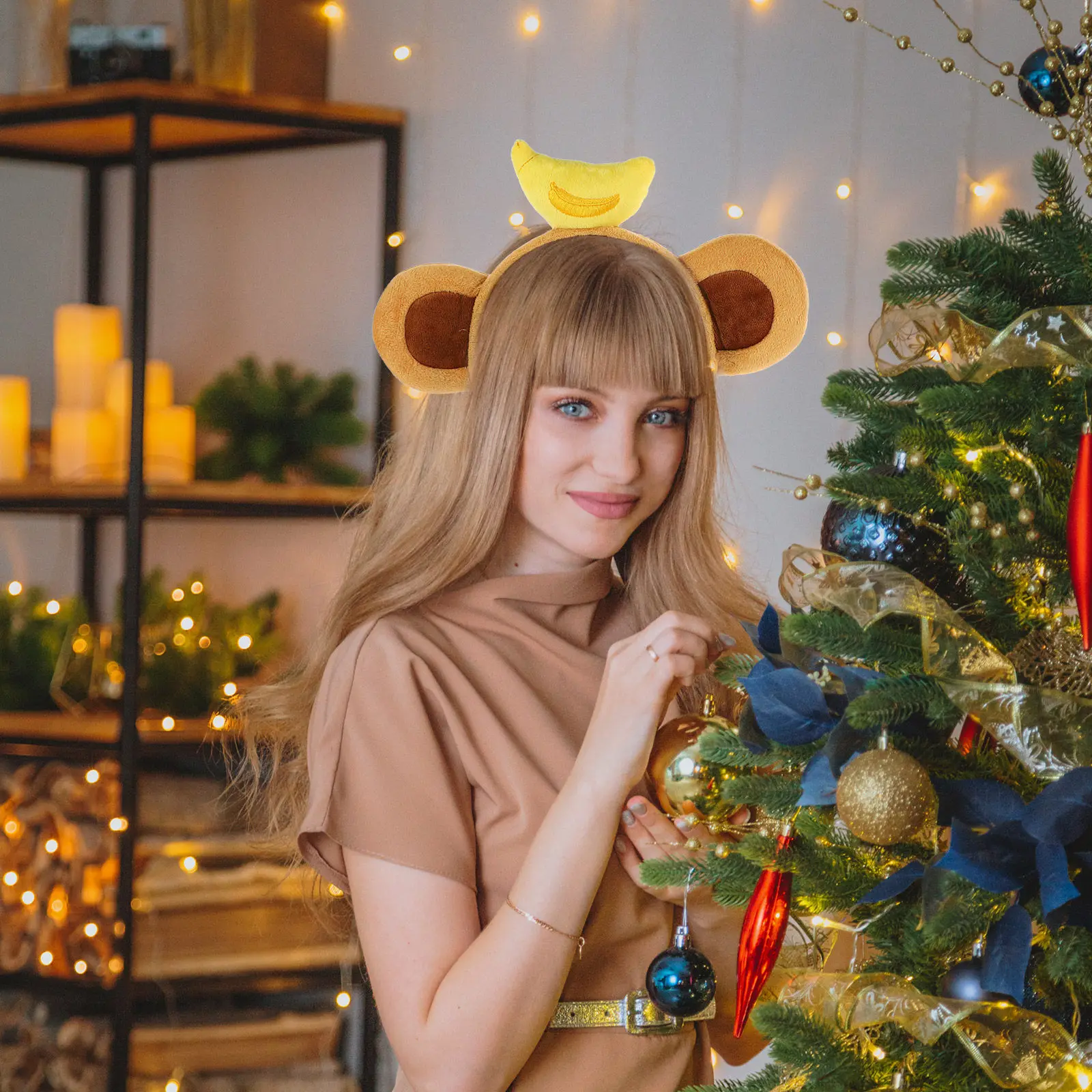 Adorable Monkey Ear Headband with Banana Top Soft Fabric Animal Ears Hairband for Women Cosplay Party Halloween Dress Up