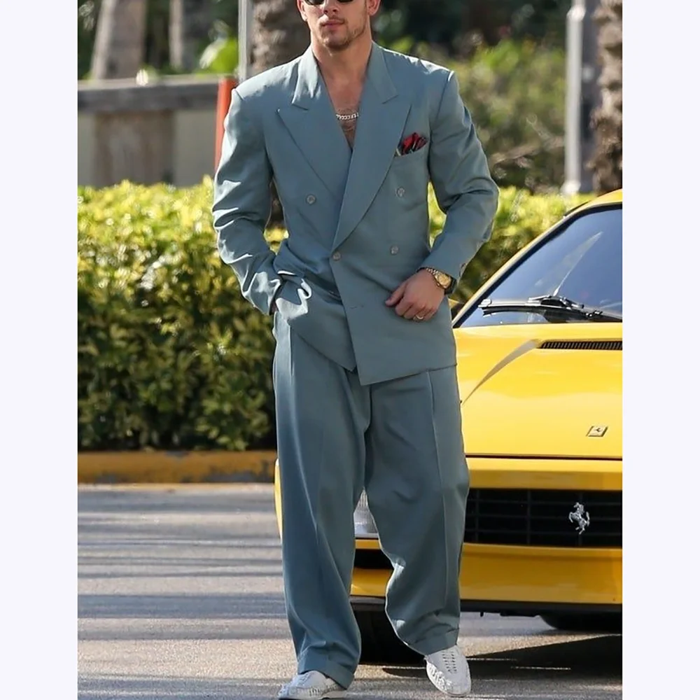 

Loose Casual Suits For Men Tuxedo Two Piece Peaked Lapel Blazers Double Breasted High Street Prom Party Outfit High Quality