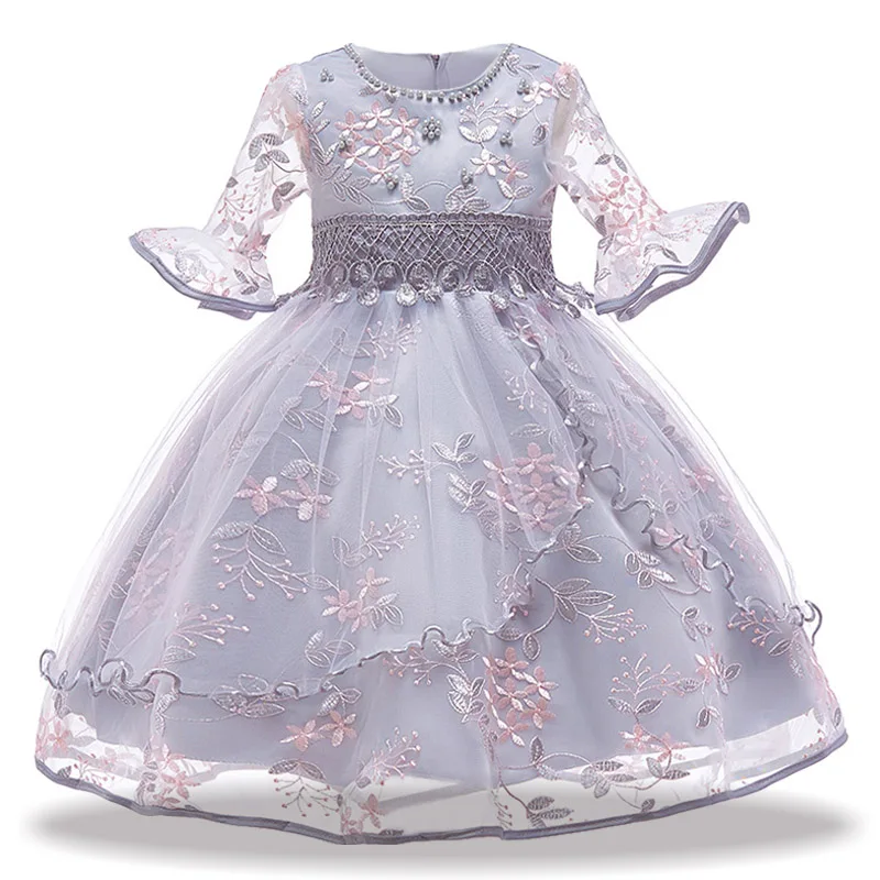 Girl Flower Embroidery Elegant Dress Kids Half Sleeve Birthday Party Clothes Child Formal Christmas Costume Pink Gray Vestido