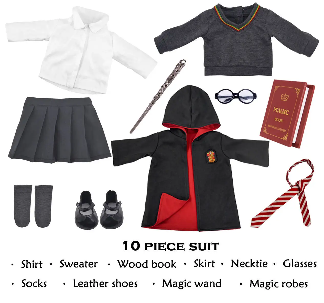 18 Inch Doll Clothes and Accessories Halloween Magic School Uniform Inspired Costume Include Coat, Skirt, Shoes  (No Doll)