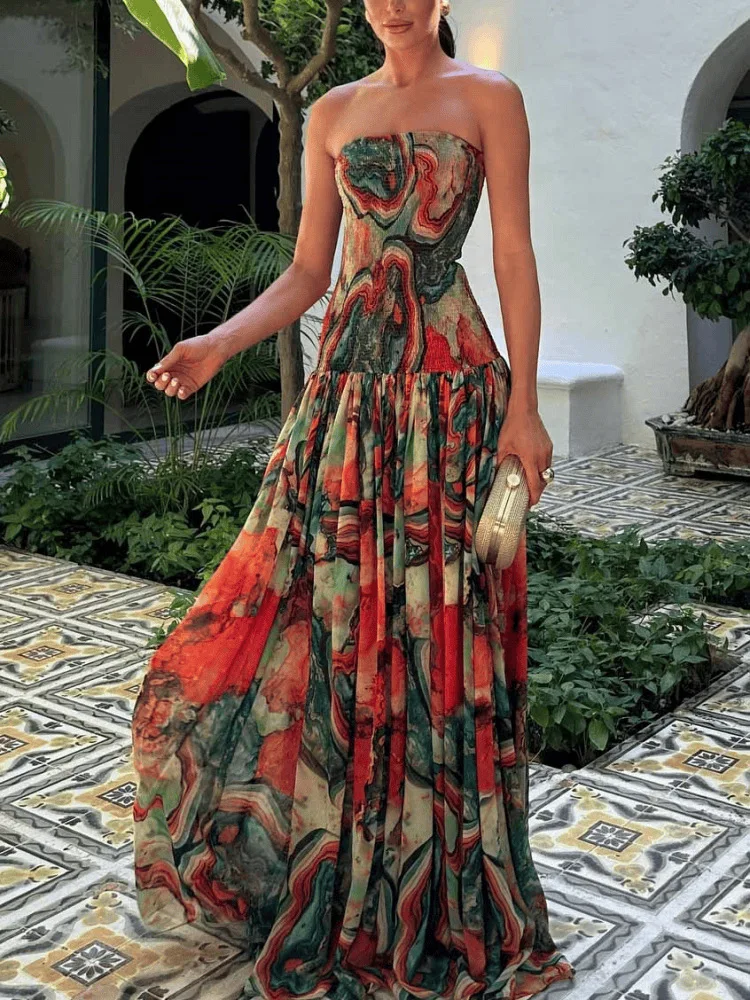 

Elegant Floral Print Tube Long Dress Women's Fashion Slim Sleeveless Backless Pleated A-line Dresses 2026 Evening Party Gowns