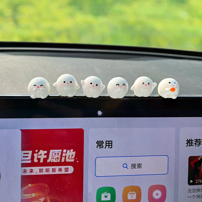 6pcs Funny Cute Round White Elf Resin Craft Miniature Figure Tiny For Car Center Console Navigator Decoration