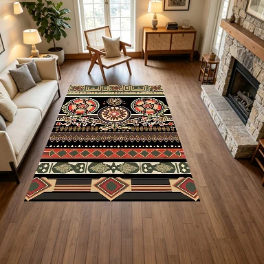 Vintage Tribal Ethnic Pattern Carpet Floor Mat with Retro Geometric Border, Wear-Resistant, Suitable for Indoor Living Space Decoration