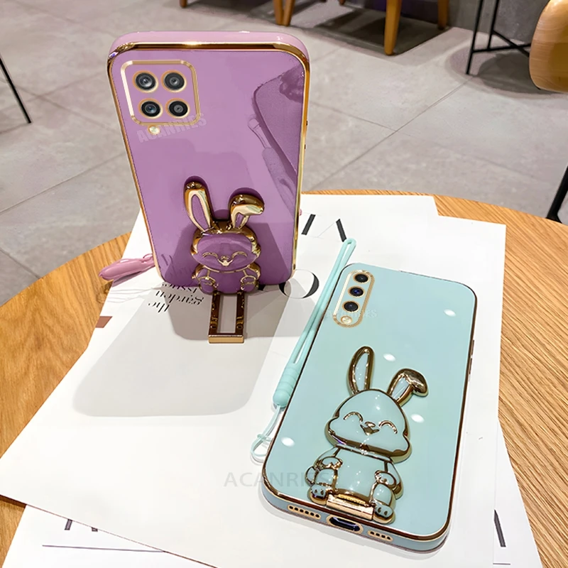 A 12 22 Plating Rabbit Holder Lanyard Case For Samsung Galaxy A12 A22 4g 5g M32 M33 M53 M12 M14 M54 M15 M35 Silicone Stand Cover