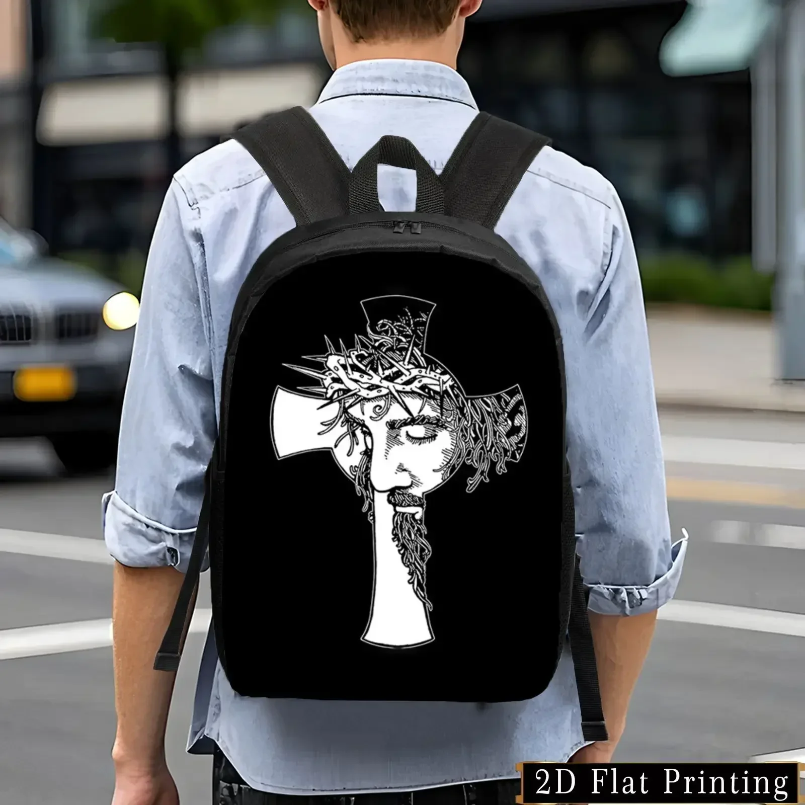 Custom Bag Large Capacity Christian Backpack With Jesus Cross Print & Jesus Face Design - Adjustable Strap, Zipper Closure, Fold