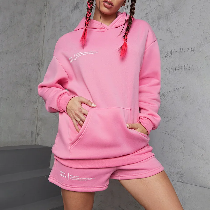 

TSTCTB Casual Sporty Two Piece Set Women Tracksuit Autumn Printing Loose Hoodie Sweatshirt and Drawstring Shorts Sweat Outfits