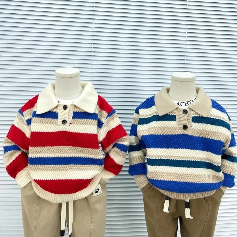 Boys Woolen Sweater Crochet Autumn Winter Cotton Windbreak 2025 Gray  Christmas Gift School Warm Children's Clothing