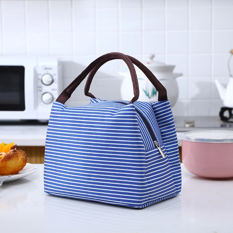 Insulated Cooler Lunch Box Portable Striped Canvas Insulated Work Travel Picnic Lunch Bags Durable Carry Cooler Food Storage Bag