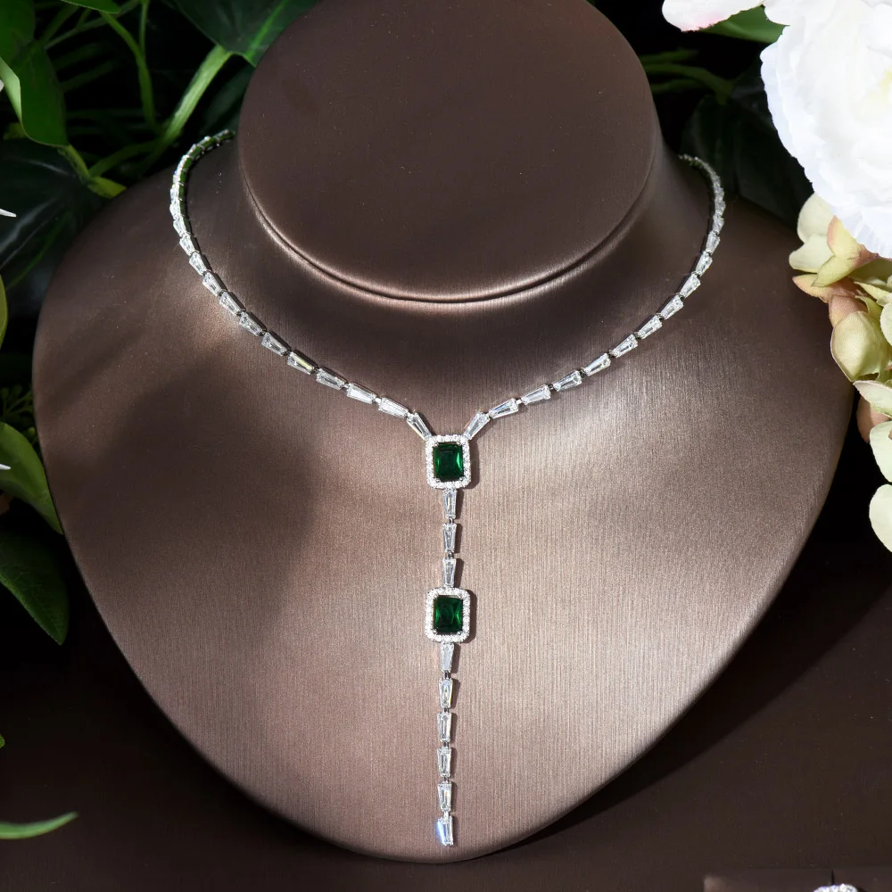 HIBRIDE الساخن بيع 2 قطعة مكعب سلسلة مرصعة بحجر الزركون و طقم أقراط تصميم مربع النساء Brilda مجوهرات الزفاف اكسسوارات N-246 #4