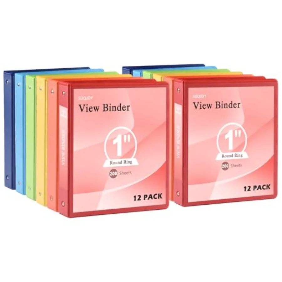 

3-Ring Binder Round Ring Clear View Cover with 2 Inside Pockets PVC-Free Assorted Colors Binders Holds 8.5 x Paper 12 Count