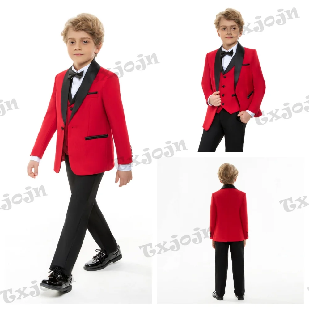 Red Handsome Boys Suit Peak Lapel 4 Pieces Party Dress Wedding Set Popular Slim Fit Dresswear Suits Sets For Piano Performance