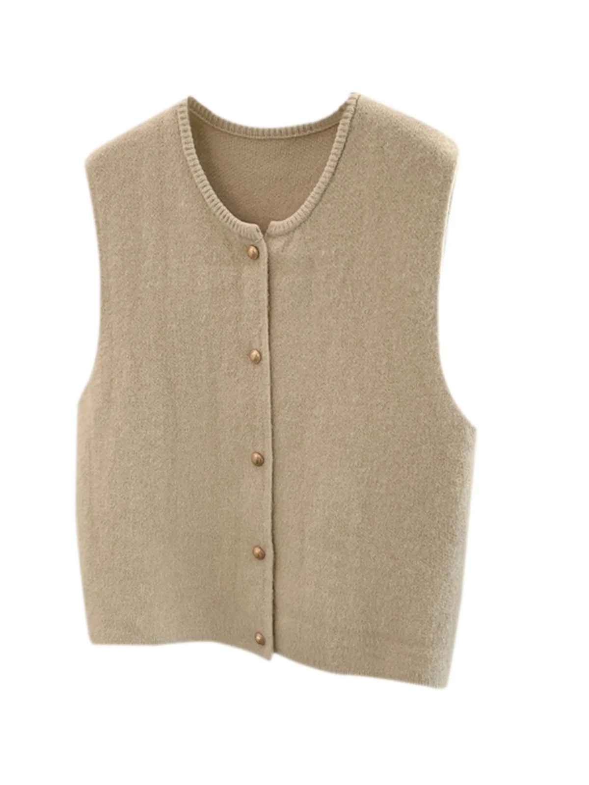 Ele Chaleco de punto Top para mujer otoño 2024 suave Sle capas pequeño botón dorado hombrera irt Commute Sle redondo Ne