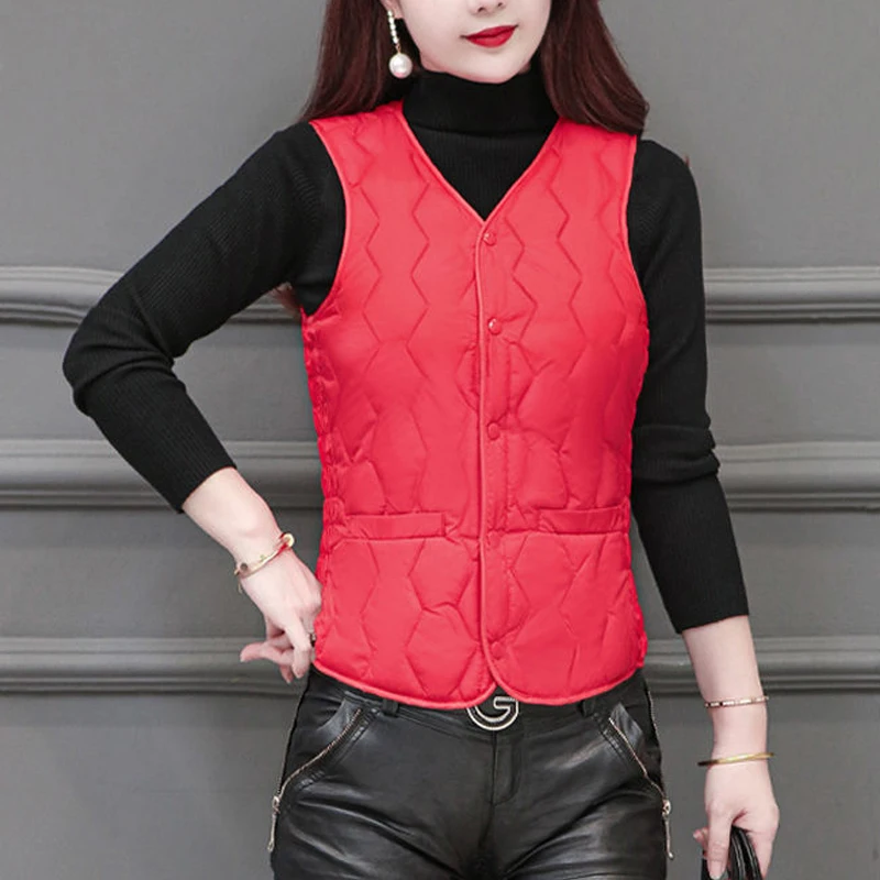 2023 Winter Women Fashion Elegant Slim Sleeveless Down Cotton Padded Coat Lamb Warm Vest Jacket Solid Button Outerwear Waistcoat