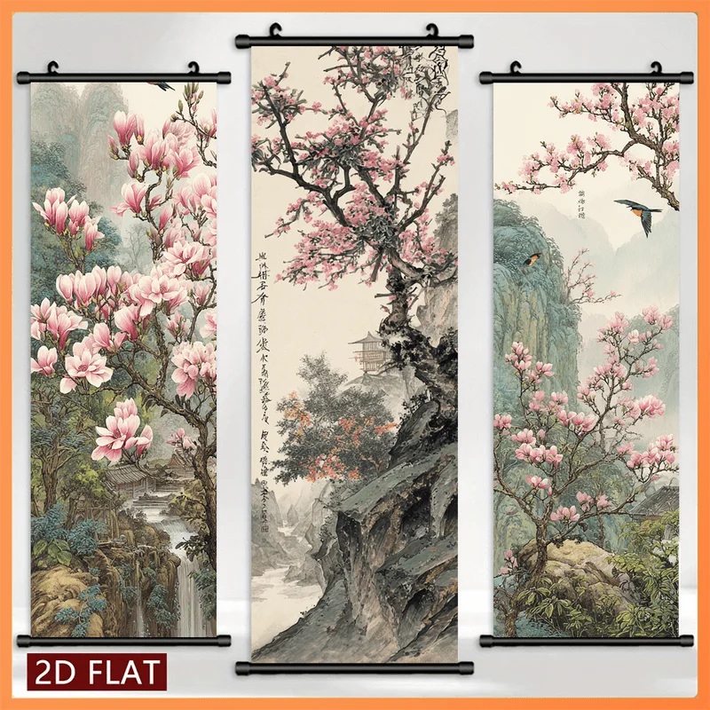VIKAMA Vintage Ink Wash Magnolia Blossom Triptych Wall Scroll Poster Oriental Canvas Art Print Hanging Painting Decor