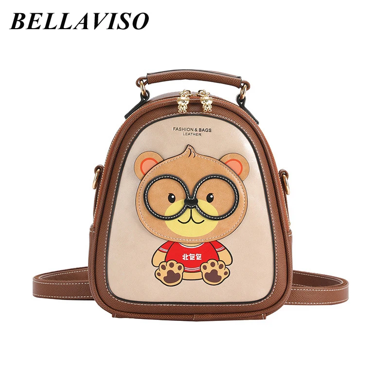 BellaViso Fashion Small Women's Backpacks Delicate Girl's Canvas PU Cute Cartoon Small Bear Travel Outdoor City Bags BLBP-66