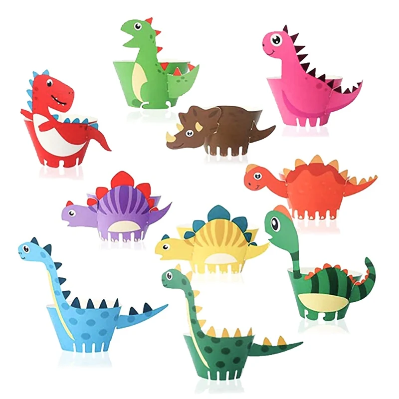 Dinosaur Cupcake Toppers Wrappers Happy Birthday Cake Topper Picks Decoration for Baby Shower 1st Birthday Theme Party Supplies