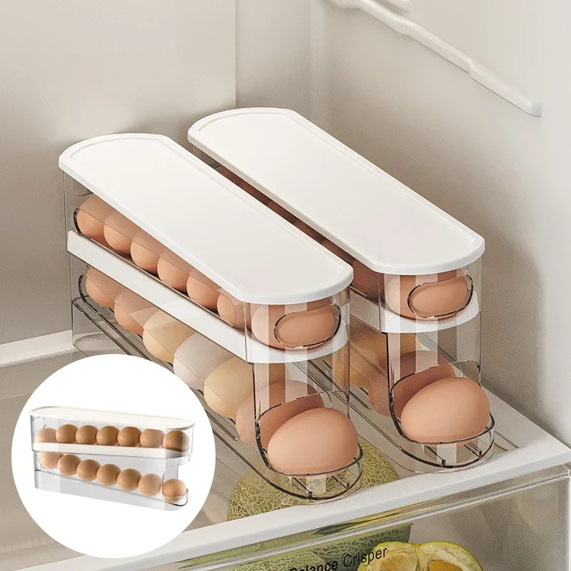 Double Layer Rolling Egg Dispenser Refrigerator Egg Storage Box Automatic Scrolling Egg Holder Household Large Capacity Kitchen